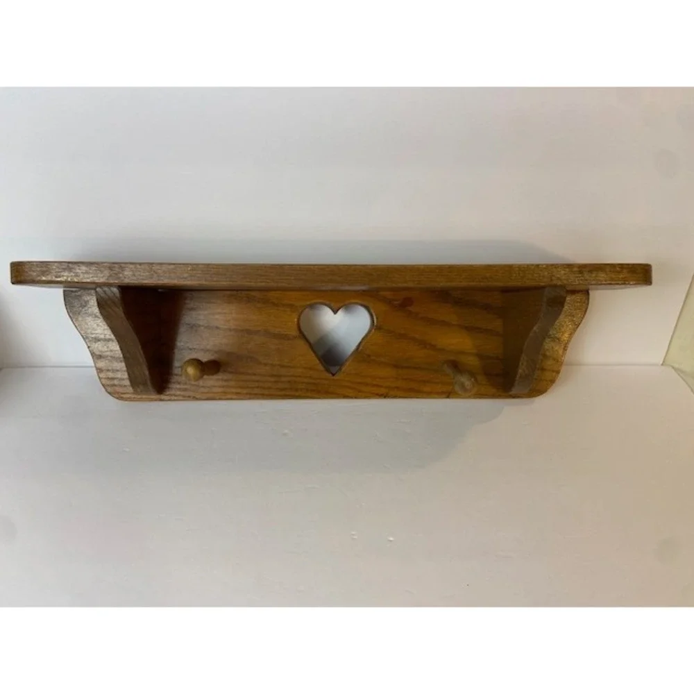 Vintage Wooden Heart Cutout Wall Shelf with Hanging Pegs Medium Oak Cottagecore